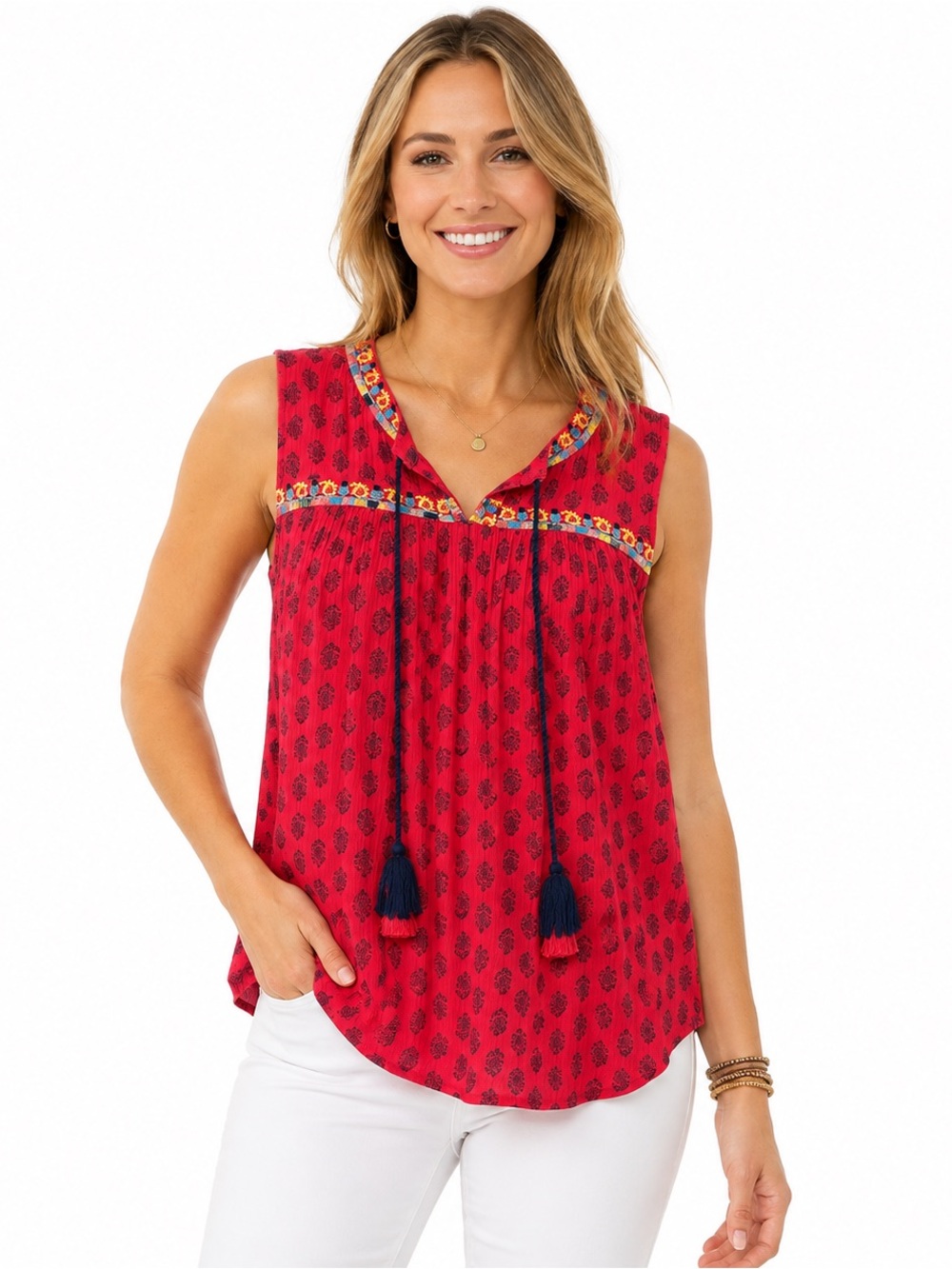Caffé Marrakesh Boho Crinkle Sleeveless Top Size Small Red Embroidered Tassel